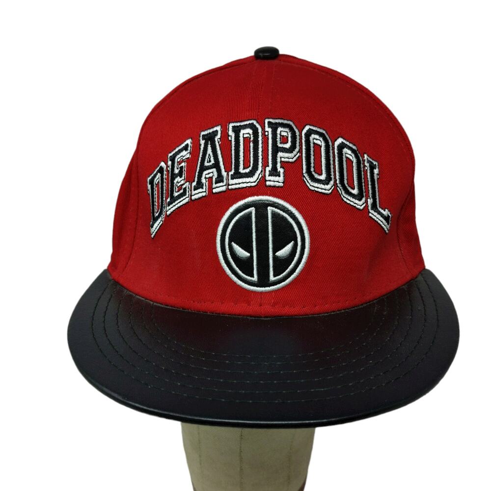Marvel Deadpool Flat Bill Snapback Hat Embroidered Logo Spell Out Red Black